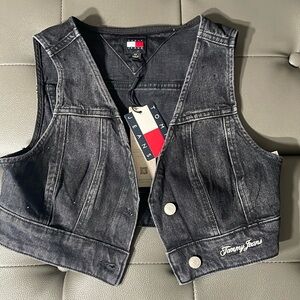 Tommy Jeans Cropped Black Denim Rhinestoned Vest